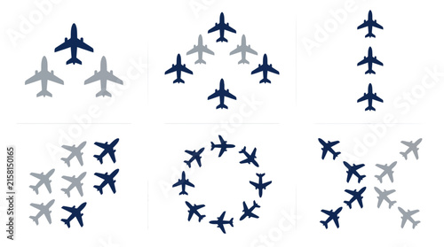 Airplane Fleet Icon Set Formation Patterns Commercial Aircraft Silhouettes