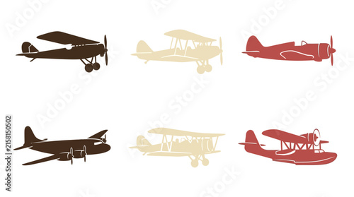 Vintage Aircraft Silhouettes Collection Set of Old Airplanes and Retro Biplanes