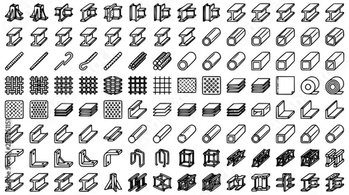 Industrial Metal Profile and Steel Beam Construction Icon Set Featuring Rebar Pipes Tubes Iron Girders Wire Mesh Metal Plates Structural Engineering Materials Vector Line Art