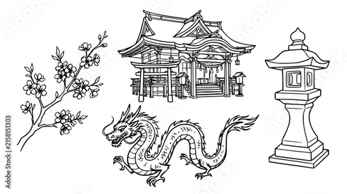 Traditional Japanese Culture Line Art Vector Set Featuring Shinto Shrine Asian Dragon Stone Lantern and Cherry Blossom Sakura Branch for Travel and Tattoo Design