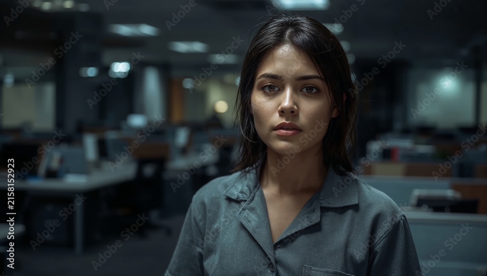 Obraz premium Filipina cleaner in grey uniform tunic stands in dark office at night, illuminated by overhead lights, with empty desks and computer stations in the background