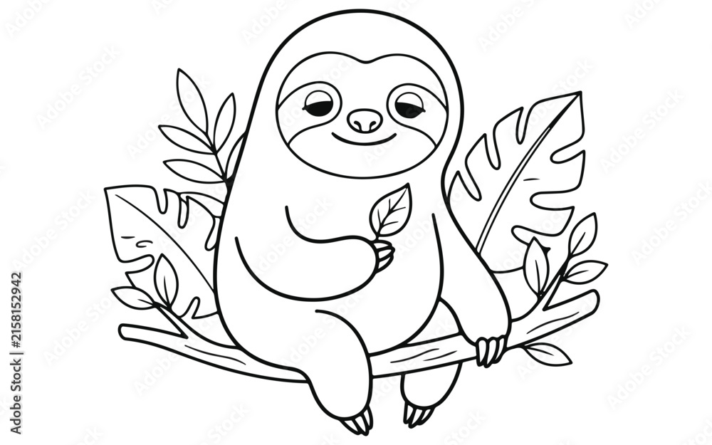 Naklejka premium Cute cartoon sloth sitting on a tree branch surrounded by tropical leaves for a coloring page