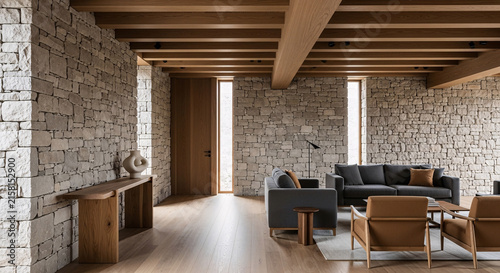 Modern luxury living room interior with rustic stone walls and wooden beamed ceiling