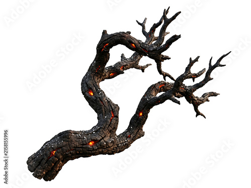 Charred burning wood branch isolated on transparent background