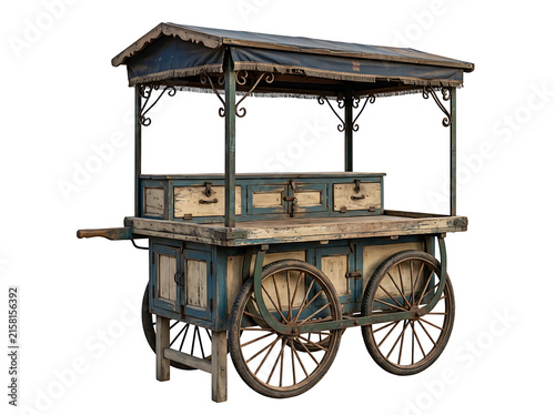 Vintage wooden food cart with canopy isolated on transparent background