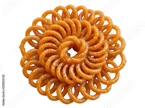 A closeup top view of imarti or jalebi, a traditional indian sweet, isolated on transparent background