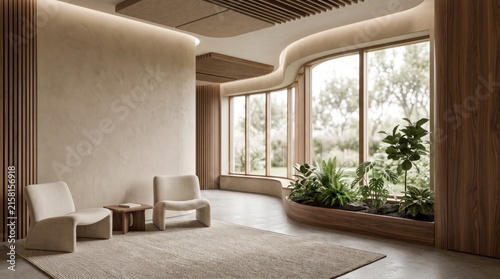 Minimalist Japandi Interior Lounge with Curved Windows and Plants