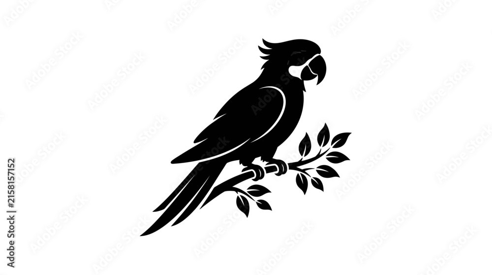 Fototapeta premium Parrot silhouette perched on a branch against a white background