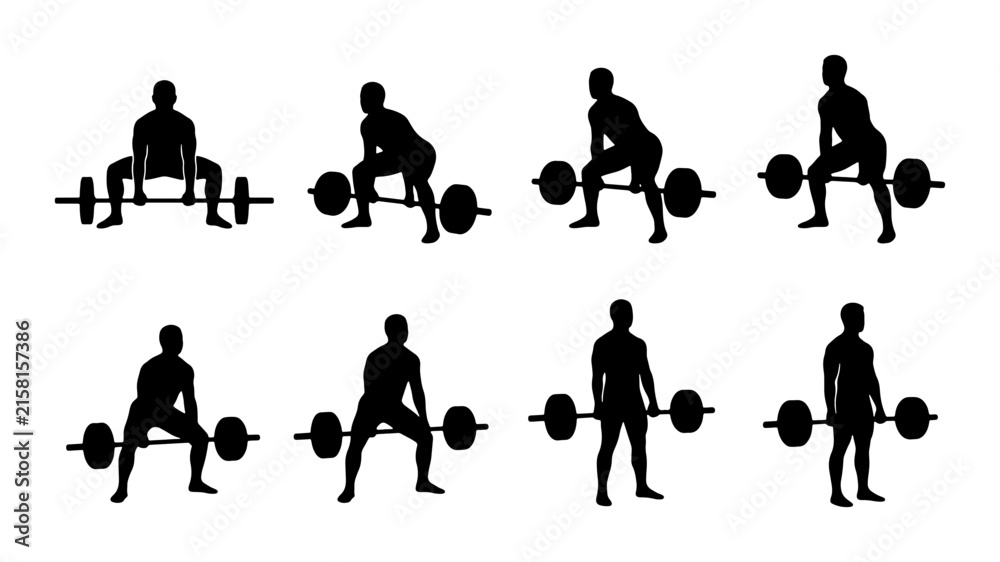 Obraz premium Deadlift Exercise Sequence Vector Icons, Strength Training Steps, Fitness Silhouette Set, Gym Workout Illustration