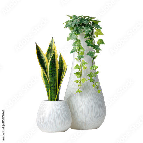 modernist white abstract sculptural pots with plants, cutout isolated illustration cutout cutout isolated illustration on transparent background