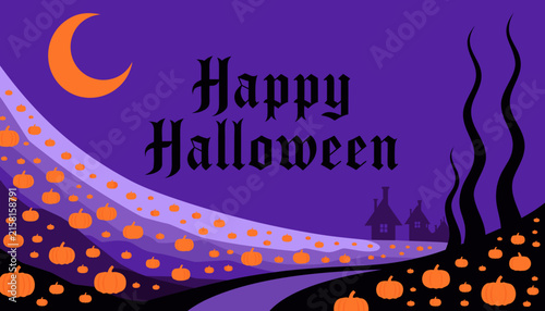Spooky Halloween Background with Glowing Jack O Lanterns, Bats and Haunted Night editable vector design. 