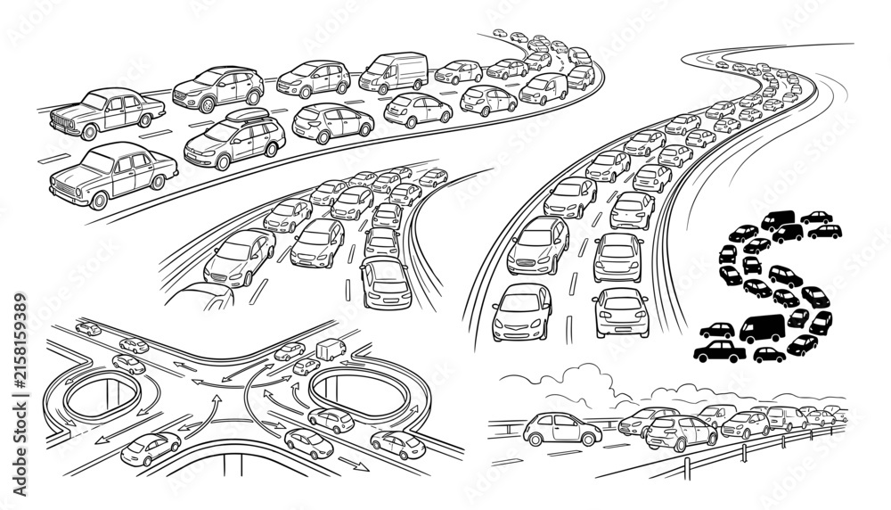 Obraz premium Highway Traffic Jam Collection with Cars Congestion Roads Interchanges and Motorway Transportation Scenes.