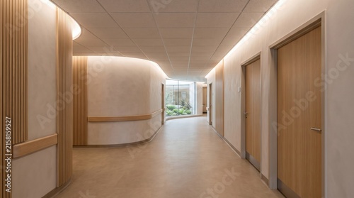 Modern healthcare clinic hallway with minimalist architectural design