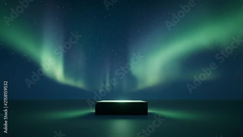 A minimalist pedestal glows under the dancing aurora borealis. The ethereal night sky provides a stunning backdrop.