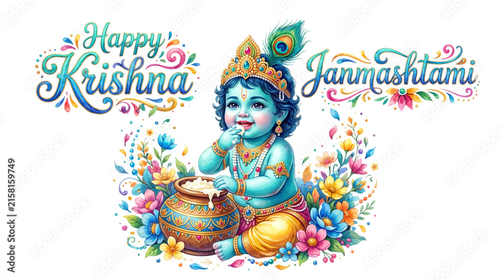 Naklejka premium Happy krishna janmashtami lettering with baby krishna eating butter isolated on transparent background