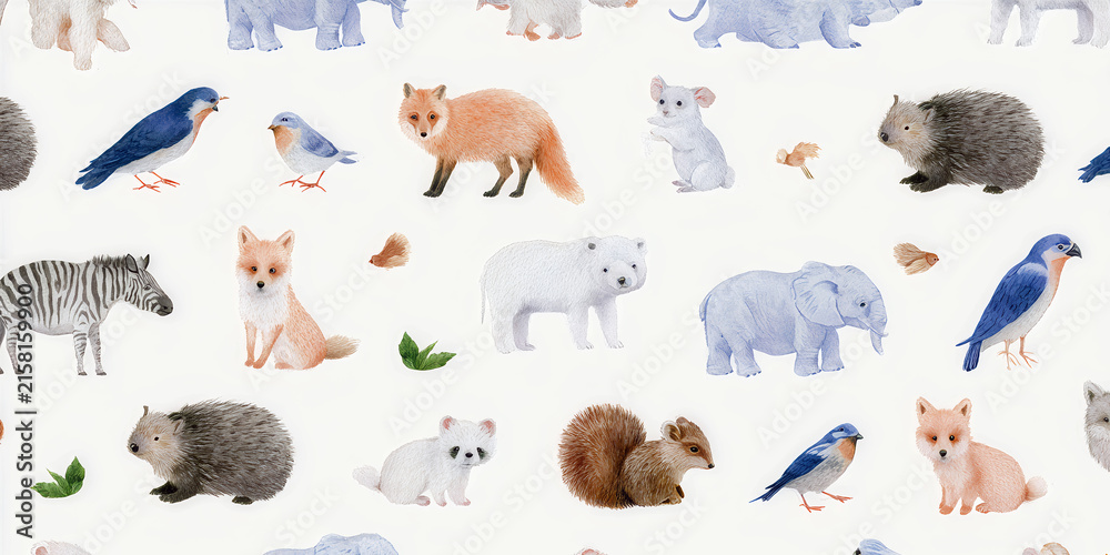 Naklejka premium The Animals That Gather In Soft Watercolor As Gentle Creatures Form One Calm Patterned World