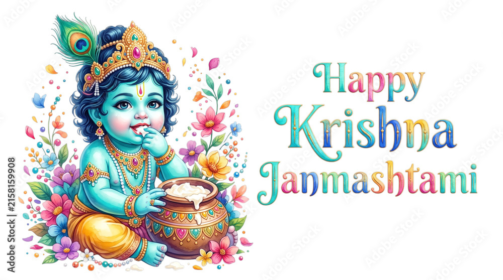 Naklejka premium Happy krishna janmashtami greeting card with baby krishna eating butter isolated on transparent background