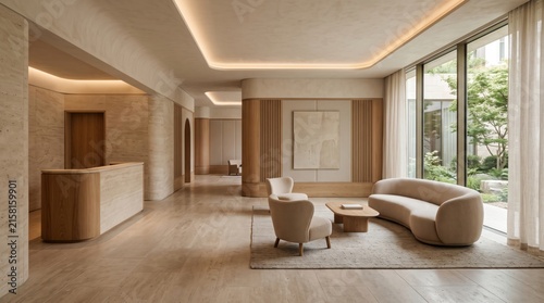 Minimalist Luxury Hotel Lobby with Curved Sofa and Modern Design