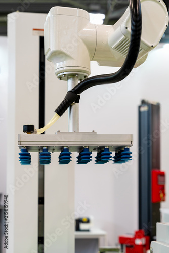 Obraz na płótnie Close-up of automated robotic packaging machine with vacuum grippers in modern l