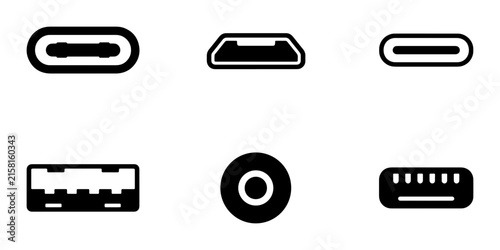 USB Connector Icons: USB-C, Micro USB, USB-A, USB-B, and more tech port symbols