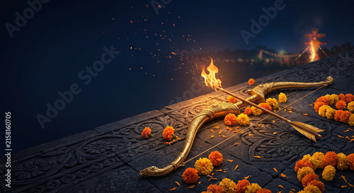 Traditional Dussehra Vijayadashami concept ornate golden bow with flaming arrow on carved dark stone altar adorned with marigold garlands for victory of good, blue background with copy space
