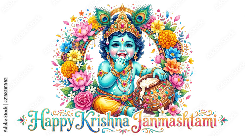 Naklejka premium Happy krishna janmashtami cute baby krishna with peacock feathers and flowers isolated on transparent background