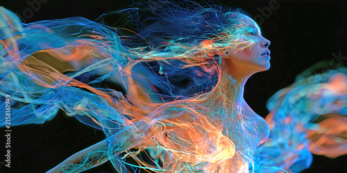 The Figure That Moves In Living Light As Color Trails Rise And Dance Through A Dark Endless Space, ai generated.