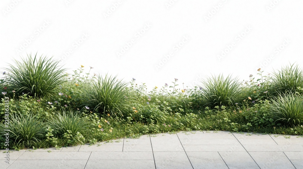 Fototapeta premium Green grass bushes small flowers grow along paved path with white background. Rich plants form natural border against clean backdrop, spring meadow.