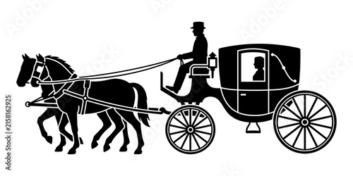Foto Black silhouette of a horse-drawn carriage with a coachman on a white background