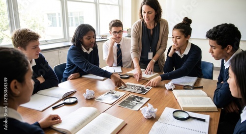 Diverse high school students and their teacher collaborating on a history project while analyzing old photographs around a classroom table
