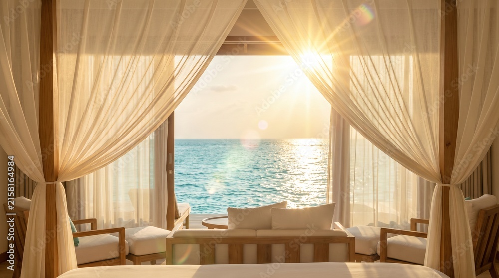 Fototapeta premium Tropical ocean view from a luxury villa bedroom with sheer white curtains framing the beautiful turquoise sea during a bright golden sunrise