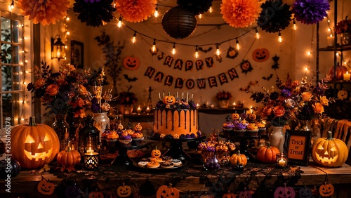 Halloween pumpkins and spooky decorations display