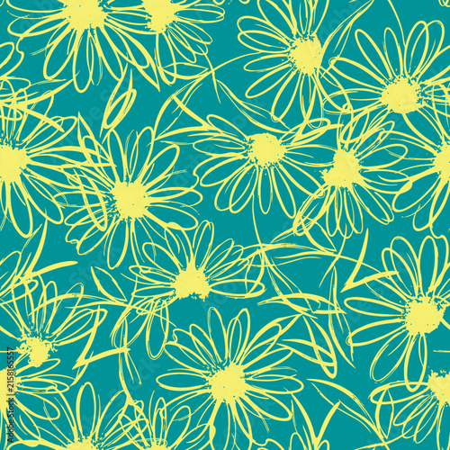 Bright seamless vector pattern featuring yellow sketched daisies and leaves with hand drawn brush strokes on a teal blue backdrop.