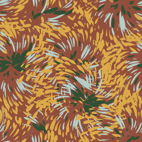 Vector seamless pattern of abstract brush strokes, paint dabs, and colorful swooshes on dark background.