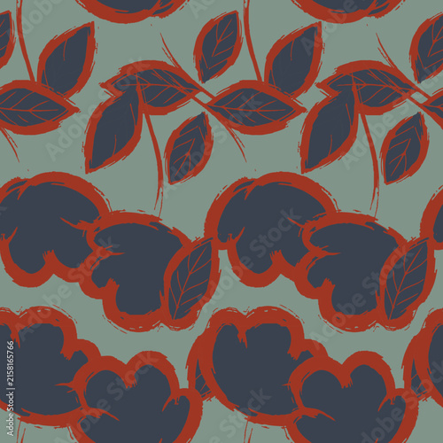 Vector seamless pattern of abstract brush stroke floral motifs with dark navy and red dabs on green.