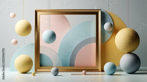 Panel kuchenny z motywem Golden frame displays abstract pastel shapes and spheres. Minimalist composition creates depth and balance. Soft color palette with yellow blue pink and grey tones.