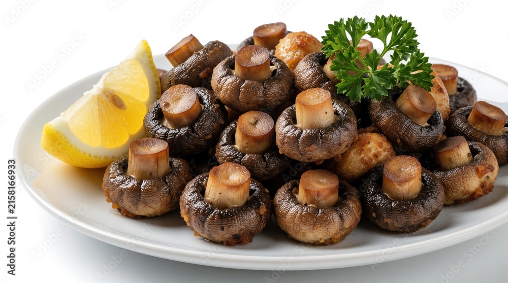 Fototapeta premium Plate of savory fried mushrooms served with fresh lemon slice and parsley sprig. This appetizing dish looks delicious and healthy for any meal.