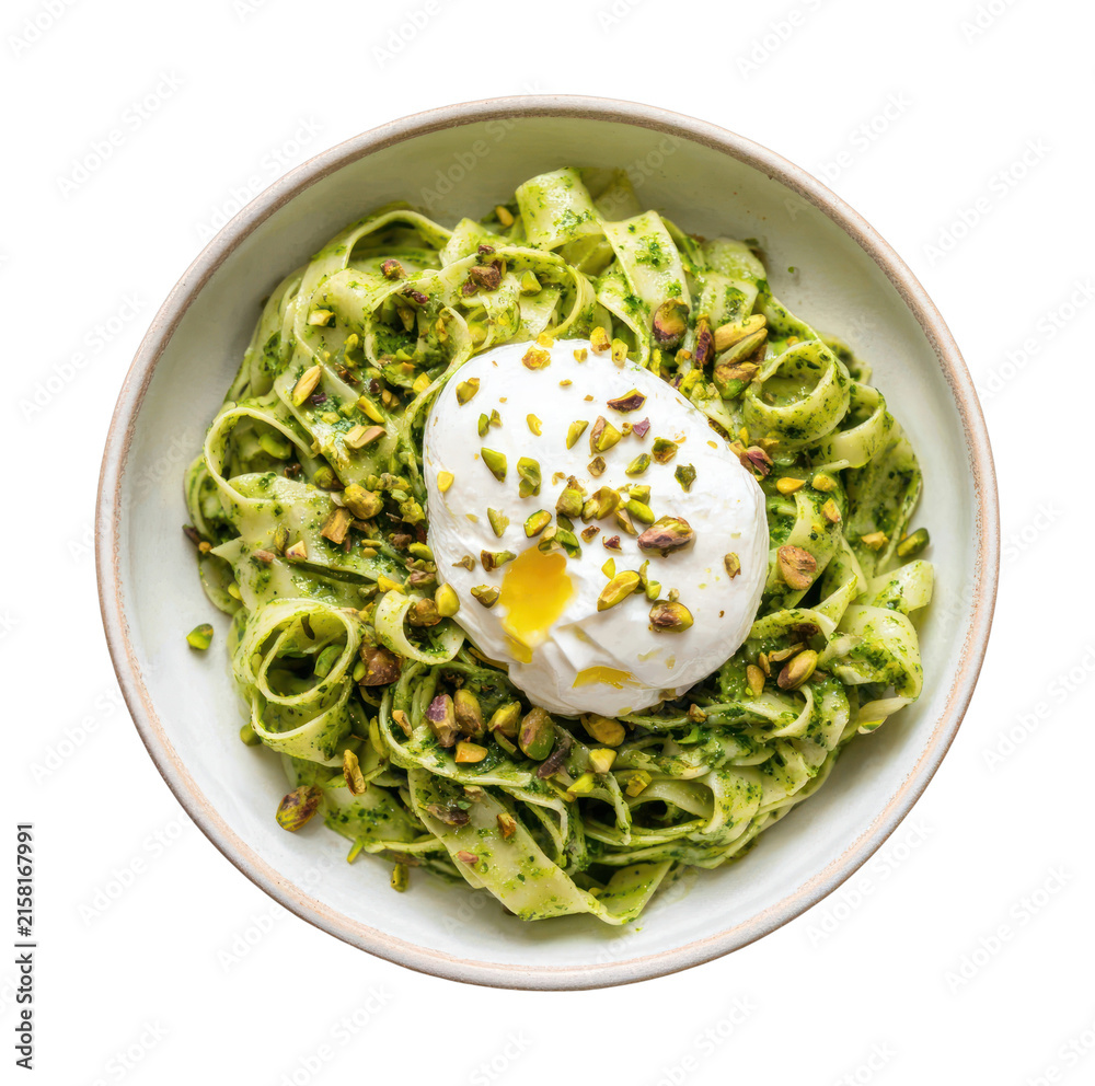 Fototapeta premium Bowl of pasta with pesto and poached egg, PNG with transparent background.