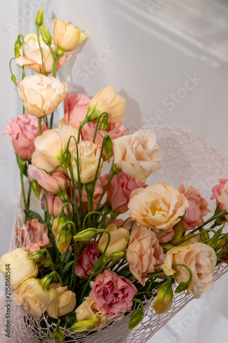 Arrangement of beautiful Eustoma flowers background