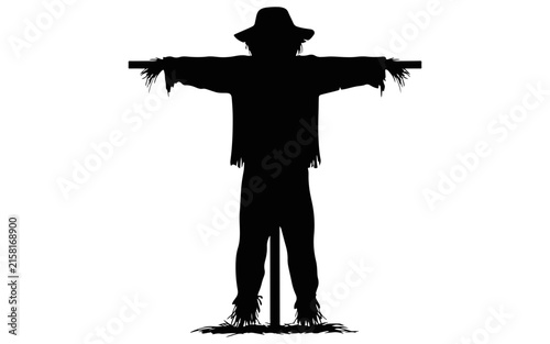 A dark silhouette of a scarecrow with arms outstretched in at-pose position isolated on a white background, for and projects