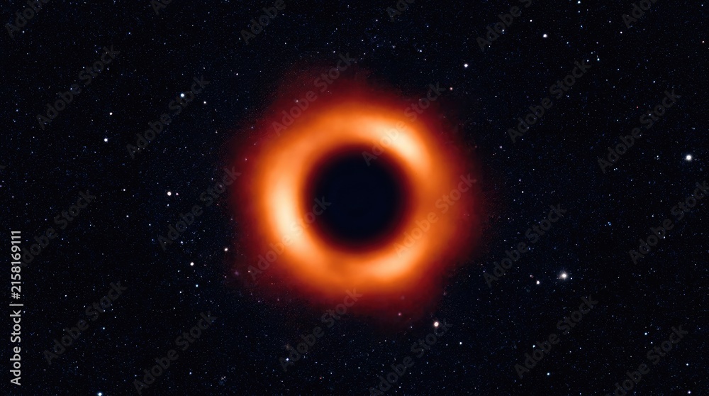 Fototapeta premium Black hole, supermassive cosmic phenomenon demonstrating intense gravitational pull, singularity event horizon warping spacetime, showing accretion disk matter, emitting radiation energy.