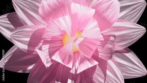 Pink layered flower with a golden dotted center against black