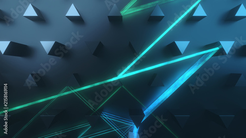 Neon cyan and green beams crossing around floating triangular prisms