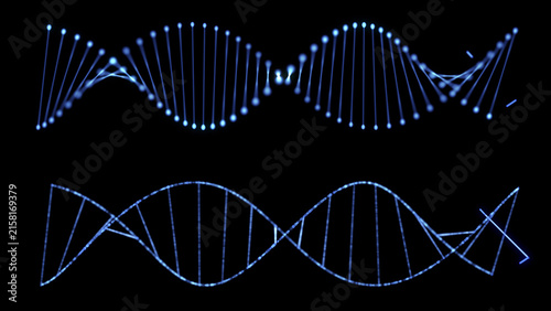 Blue glowing DNA double helix structure against a black background