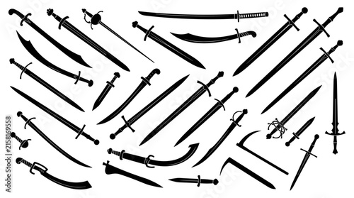 Foto Medieval Sword and Blade Weapon Silhouette Icon Set Featuring Katana Saber Scimi