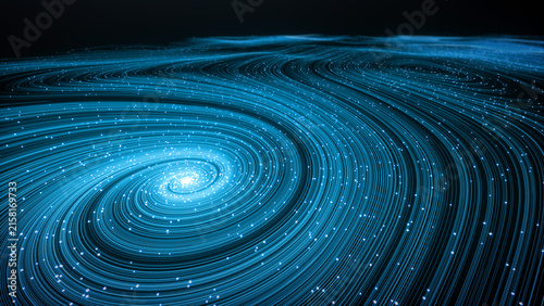 Blue spiral galaxy with glowing dots and concentric rings on dark background