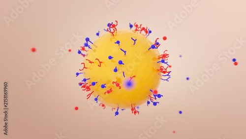 Yellow sphere covered with colorful stick-like particles on a peach background