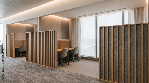 Modern Minimalist Office Interior with Private Wooden Work Pods