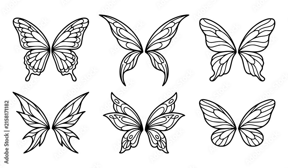 Fototapeta premium Fairy wings line art icon set with delicate fantasy wing outline vector designs