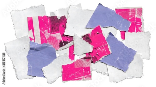 Vibrant pile of torn graphic paper scraps with punk aesthetic and jagged edges in pink and purple colors isolated on white